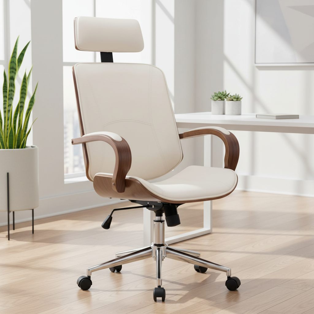 Chaise de Bureau Ergonomique en Similicuir Crème avec Dossier Soutien Lombaire | Design Contemporain pour Confort Optimal 9