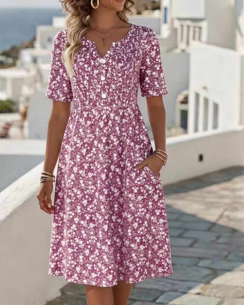 Robe Florale Robe Polyester | Col V Manches Courtes | Série Éclat