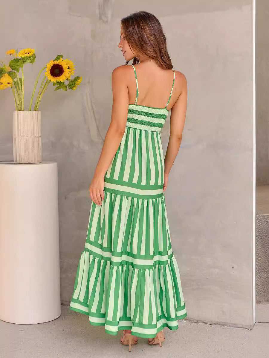 Robe Longue Imprimée Rayée | Poches Dos Nu | Ligne Soleil