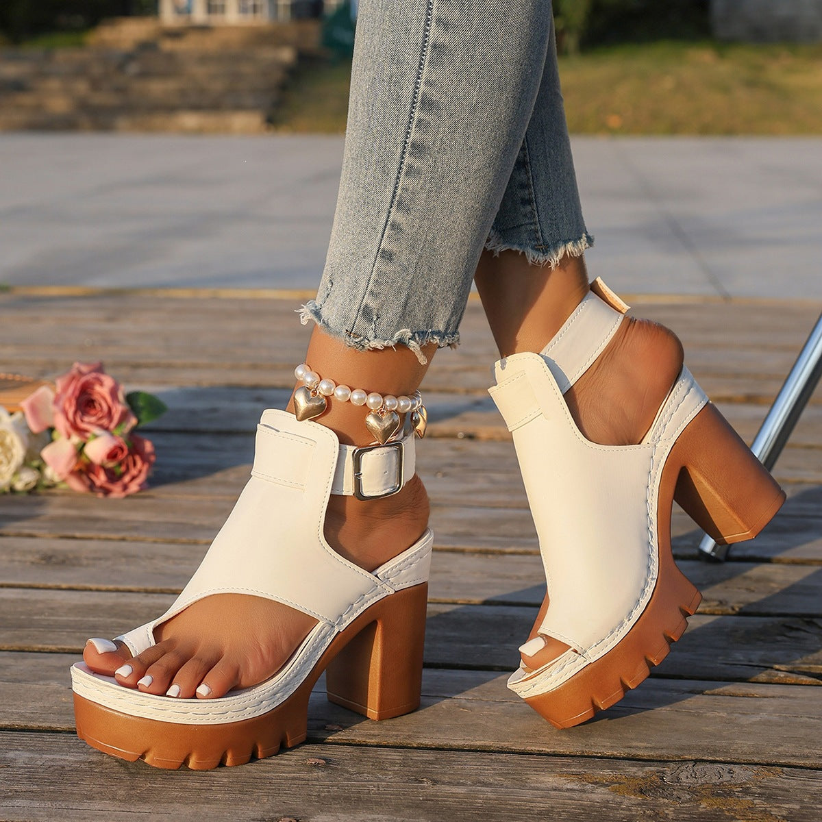 Sandales Femmes Talons Épais Cuir Synthétique | Bout Ouvert Talons Ultra-Hauts