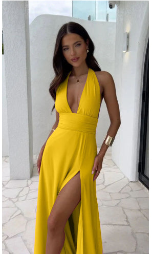 Robe Décolleté en V Halter Polyester | Sans Dos, Fente Séduisante | Série Éclat