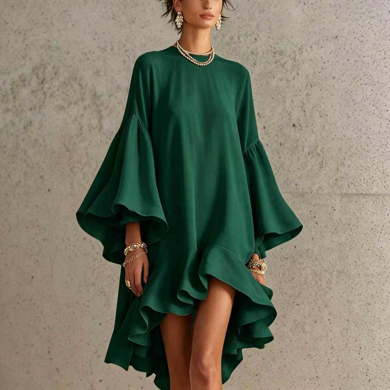 Robe Asymétrique Chiffon Polyester | Manches Bouffantes Bordure Froncée