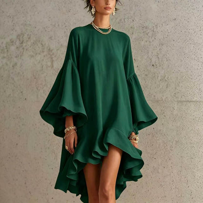 Robe Asymétrique Chiffon Polyester | Manches Bouffantes Bordure Froncée