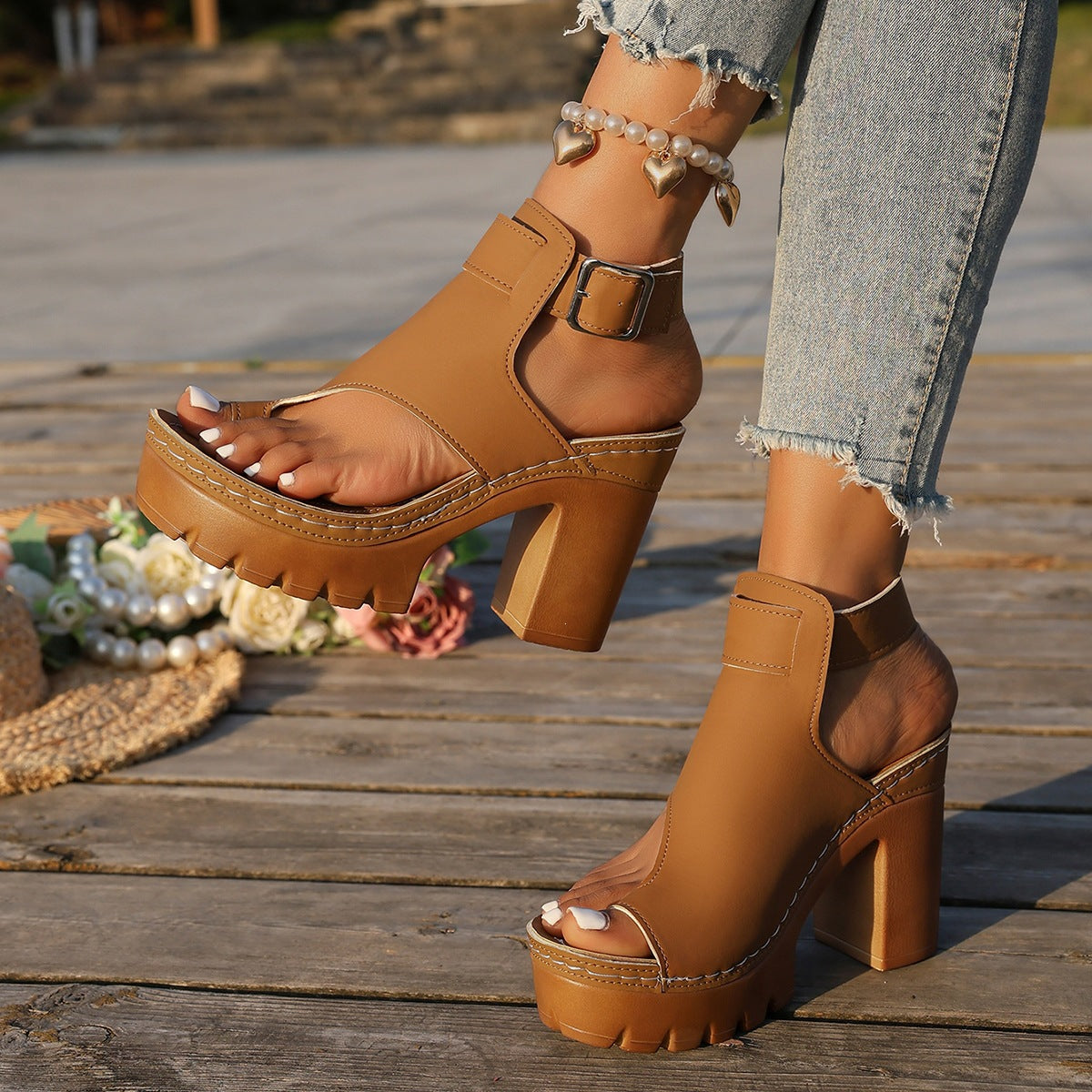 Sandales Femmes Talons Épais Cuir Synthétique | Bout Ouvert Talons Ultra-Hauts