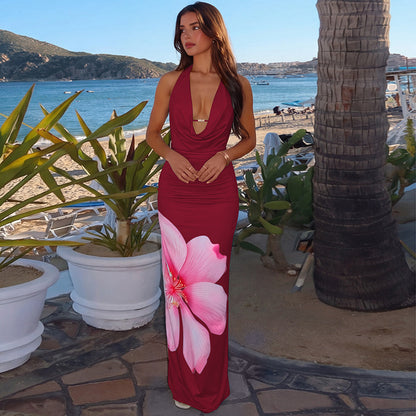 Robe Imprimée Maxi Satin | Dos Nu Col Halter, Lien à nouer | Édition Nocturne