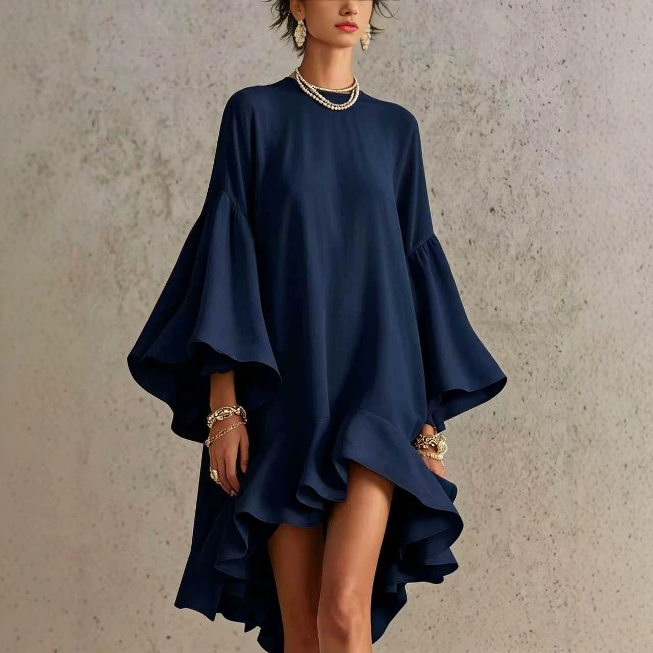 Robe Asymétrique Chiffon Polyester | Manches Bouffantes Bordure Froncée