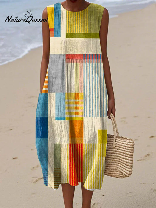 Robe Patchwork Moderne Crêpe | Drape Fluide Sans Manches | Série Atelier