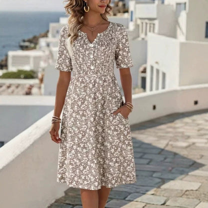 Robe Florale Robe Polyester | Col V Manches Courtes | Série Éclat