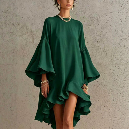Robe Asymétrique Chiffon Polyester | Manches Bouffantes Bordure Froncée