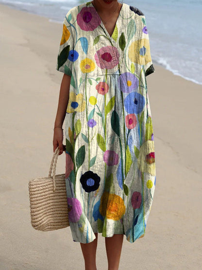 Robe Maxi Floral | Col V Manches Courtes | Ligne Florale
