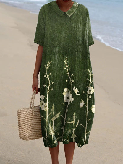 Robe Maxi Floral | Col V Manches Courtes | Ligne Florale