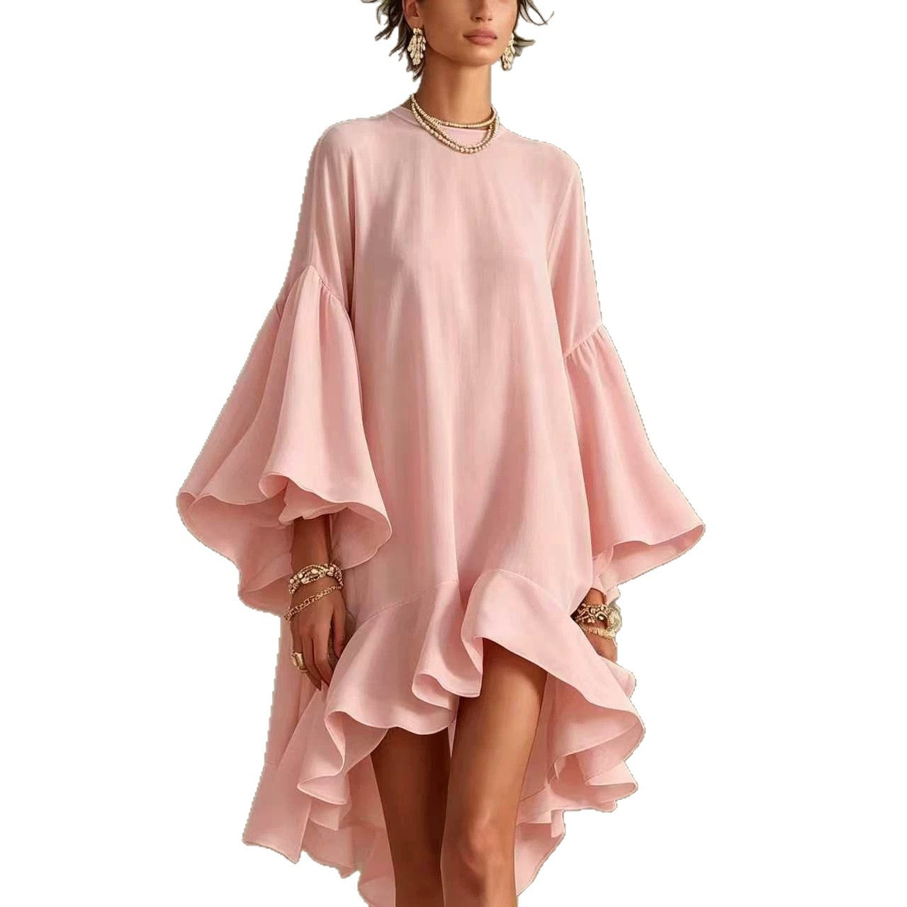 Robe Asymétrique Chiffon Polyester | Manches Bouffantes Bordure Froncée