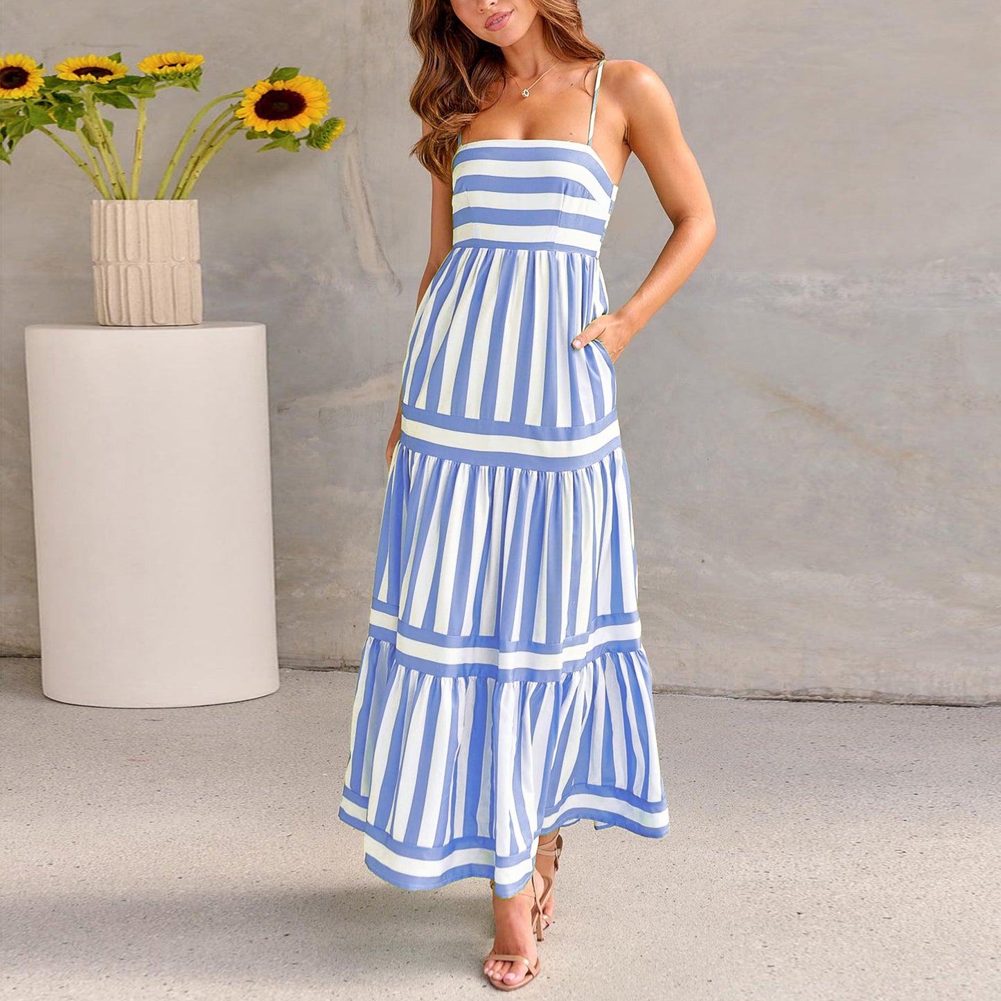 Robe Longue Imprimée Rayée | Poches Dos Nu | Ligne Soleil