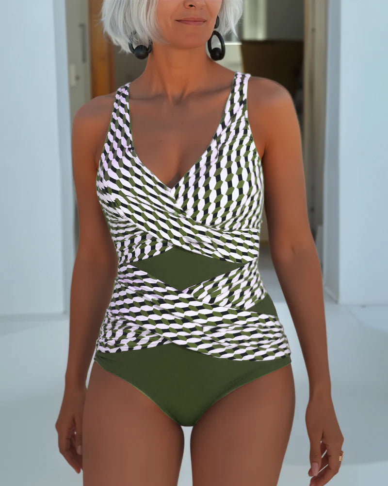 Maillot de Bain Une Pièce Motif Géométrique | Encolure en V, Découpe avant