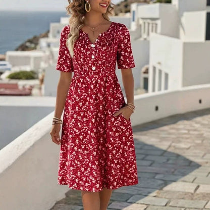 Robe Florale Robe Polyester | Col V Manches Courtes | Série Éclat