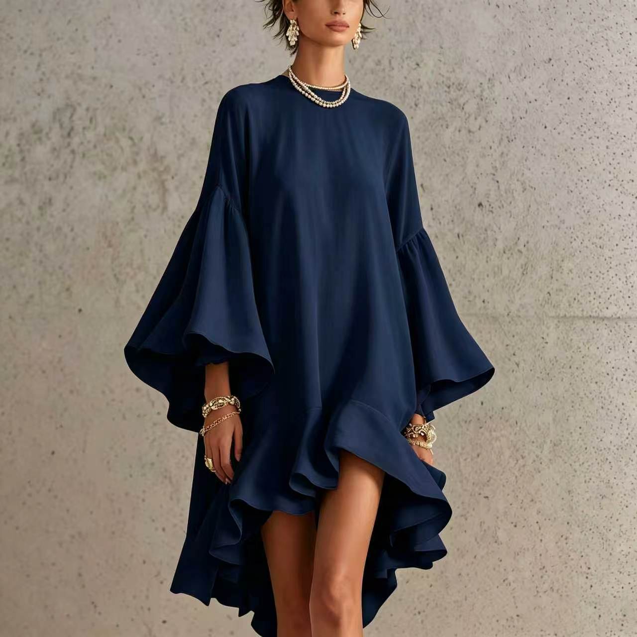 Robe Asymétrique Chiffon Polyester | Manches Bouffantes Bordure Froncée