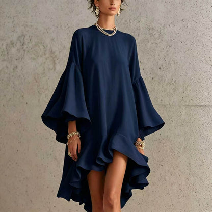 Robe Asymétrique Chiffon Polyester | Manches Bouffantes Bordure Froncée