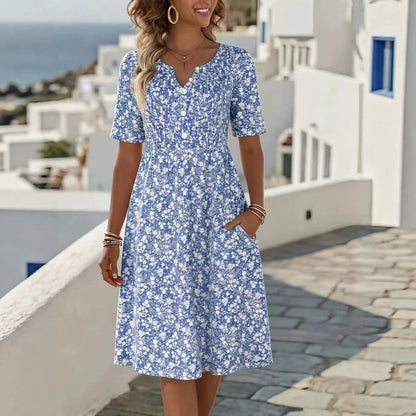 Robe Florale Robe Polyester | Col V Manches Courtes | Série Éclat