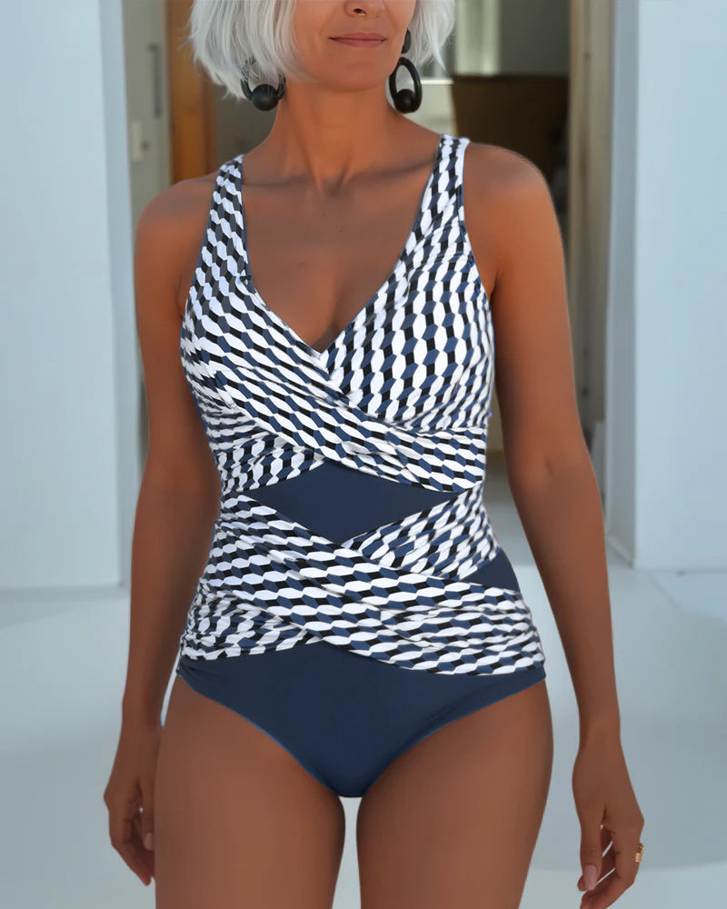 Maillot de Bain Une Pièce Motif Géométrique | Encolure en V, Découpe avant