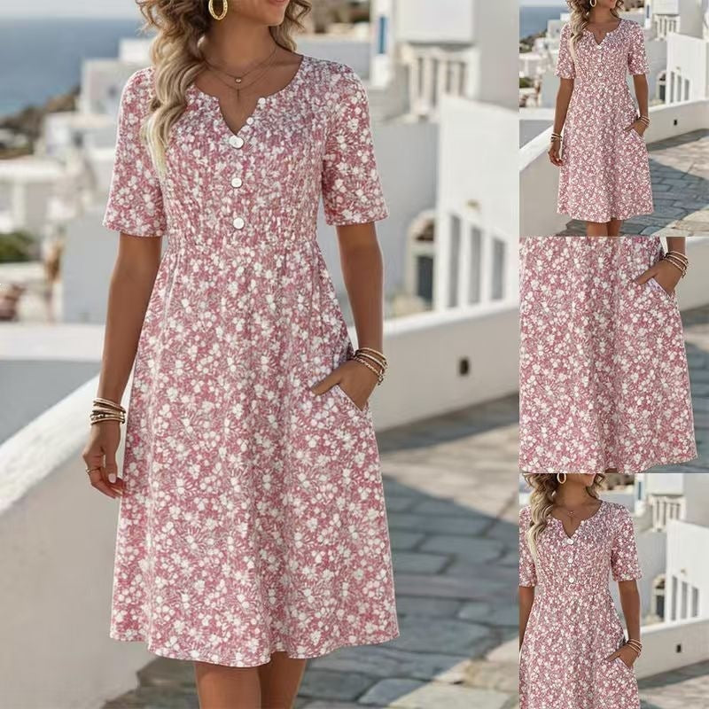 Robe Florale Robe Polyester | Col V Manches Courtes | Série Éclat