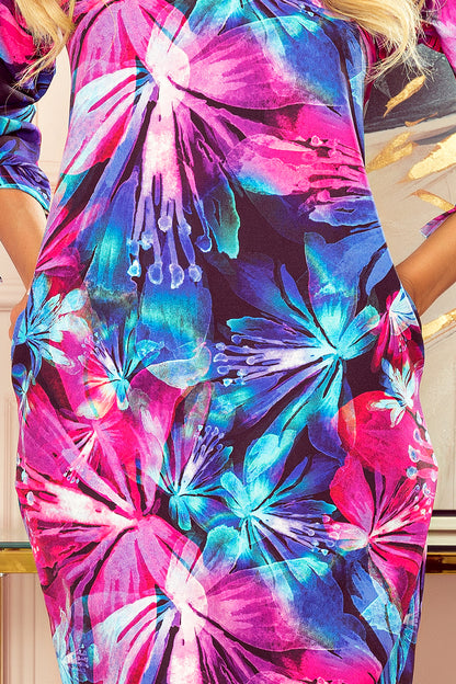 14801-5-323-1 Comfortable OVERSIZE dress - blue and pink flowers-5