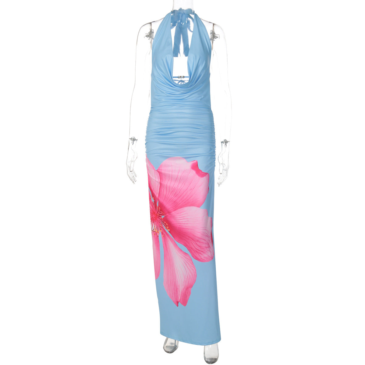 Robe Imprimée Maxi Satin | Dos Nu Col Halter, Lien à nouer | Édition Nocturne