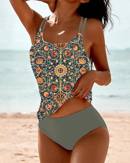 Tankini Deux Pièces Floral | Bretelles Doubles & Haut Allongé | Azur