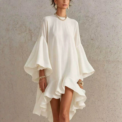 Robe Asymétrique Chiffon Polyester | Manches Bouffantes Bordure Froncée