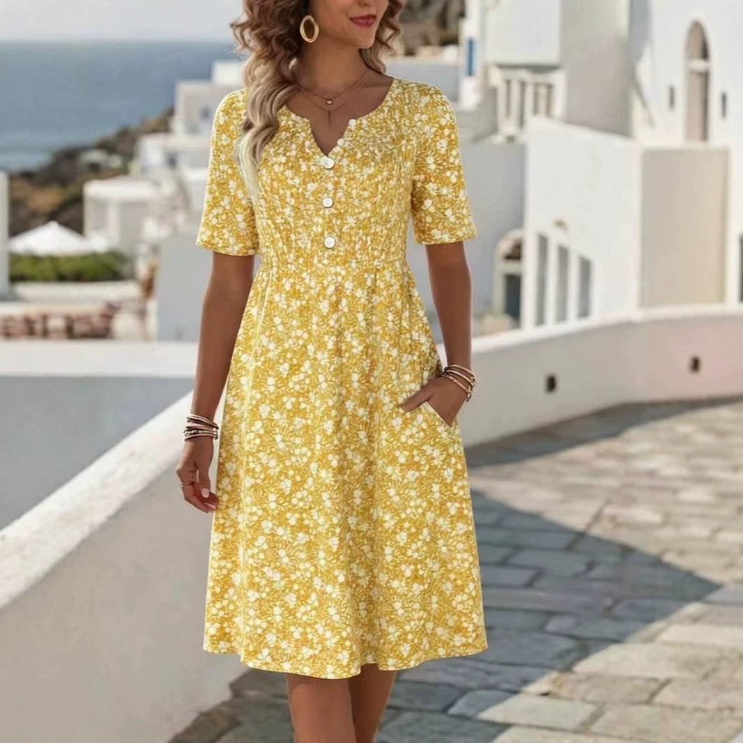 Robe Florale Robe Polyester | Col V Manches Courtes | Série Éclat