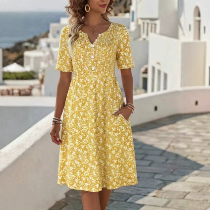 Robe Florale Robe Polyester | Col V Manches Courtes | Série Éclat