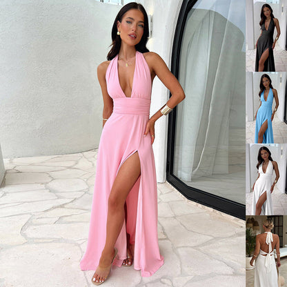 Robe Décolleté en V Halter Polyester | Sans Dos, Fente Séduisante | Série Éclat