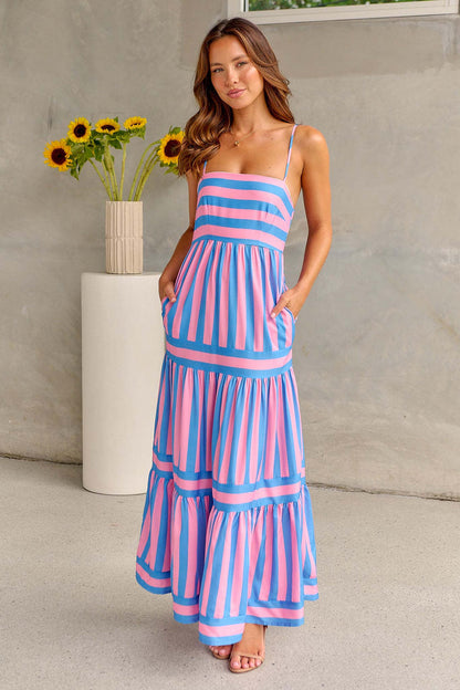 Robe Longue Imprimée Rayée | Poches Dos Nu | Ligne Soleil