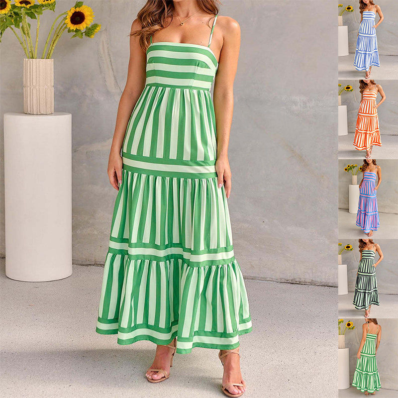 Robe Longue Imprimée Rayée | Poches Dos Nu | Ligne Soleil
