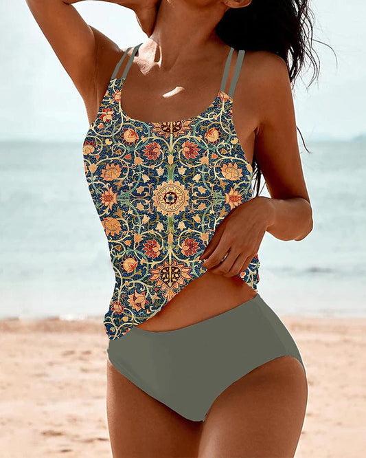 Tankini Deux Pièces Floral | Bretelles Doubles & Haut Allongé | Azur