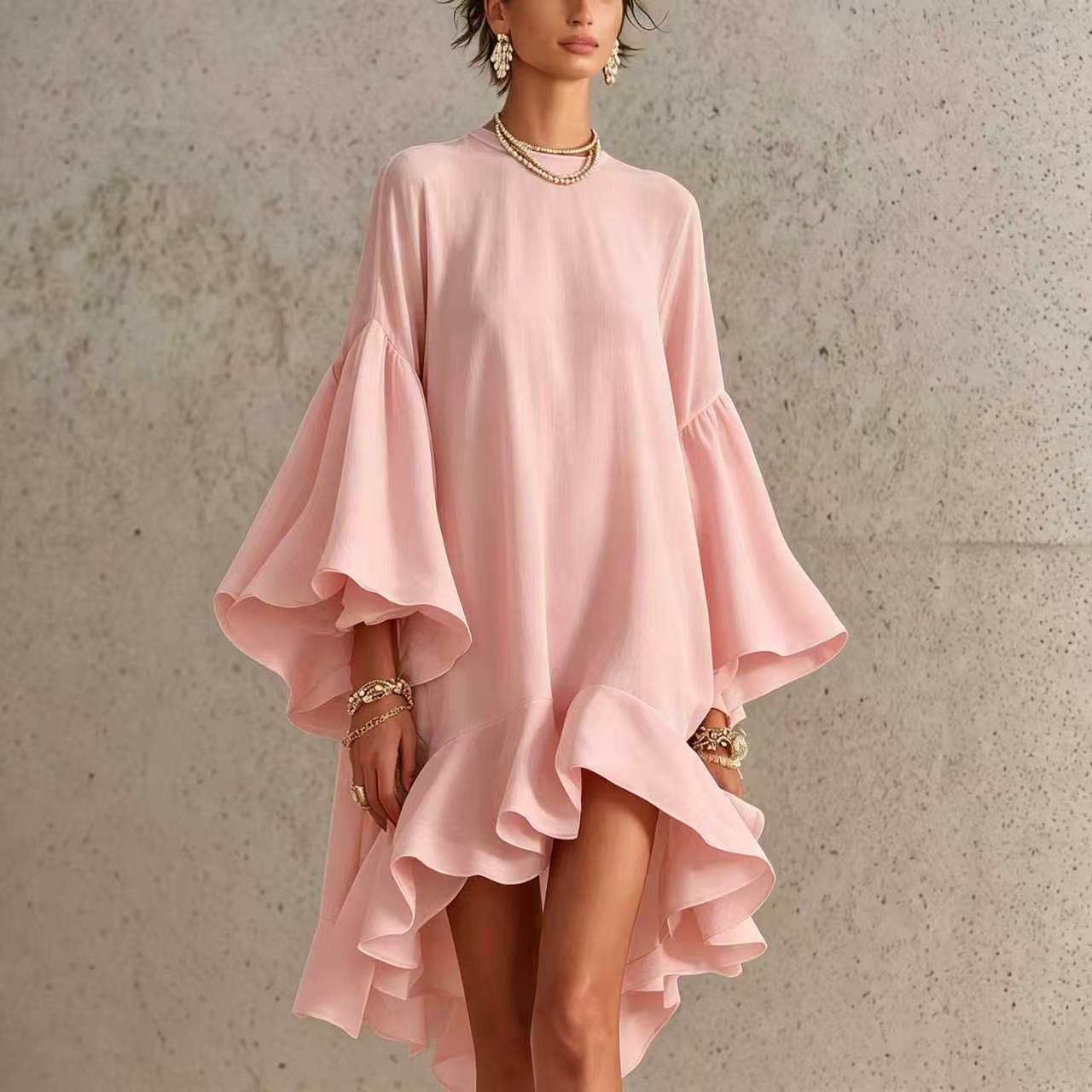 Robe Asymétrique Chiffon Polyester | Manches Bouffantes Bordure Froncée