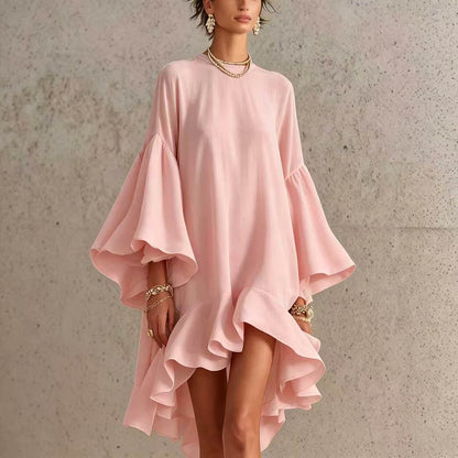 Robe Asymétrique Chiffon Polyester | Manches Bouffantes Bordure Froncée
