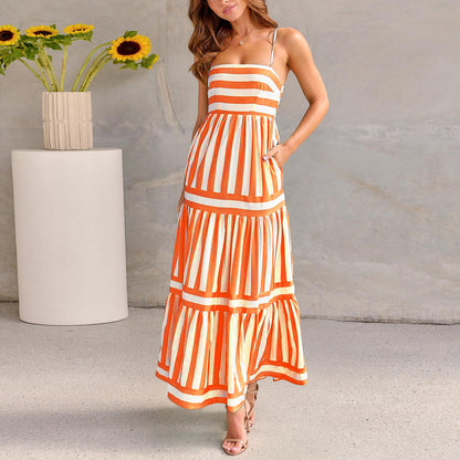 Robe Longue Imprimée Rayée | Poches Dos Nu | Ligne Soleil