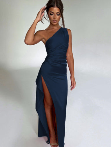 Robe Sexy Satin À Une Épaule Dos Nu Fendue | Ajustée Élégante | Ligne Éclipse