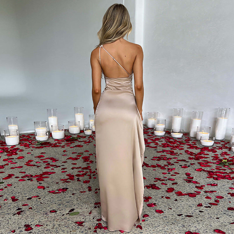 Robe Sexy Satin À Une Épaule Dos Nu Fendue | Ajustée Élégante | Ligne Éclipse