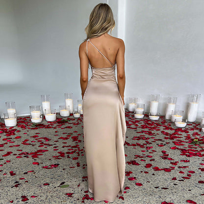 Robe Sexy Satin À Une Épaule Dos Nu Fendue | Ajustée Élégante | Ligne Éclipse