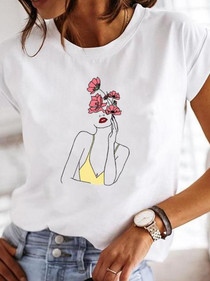 Imprimé T Shirt Coton Jersey | Col Rond, Manches Courtes | Série Minimaliste