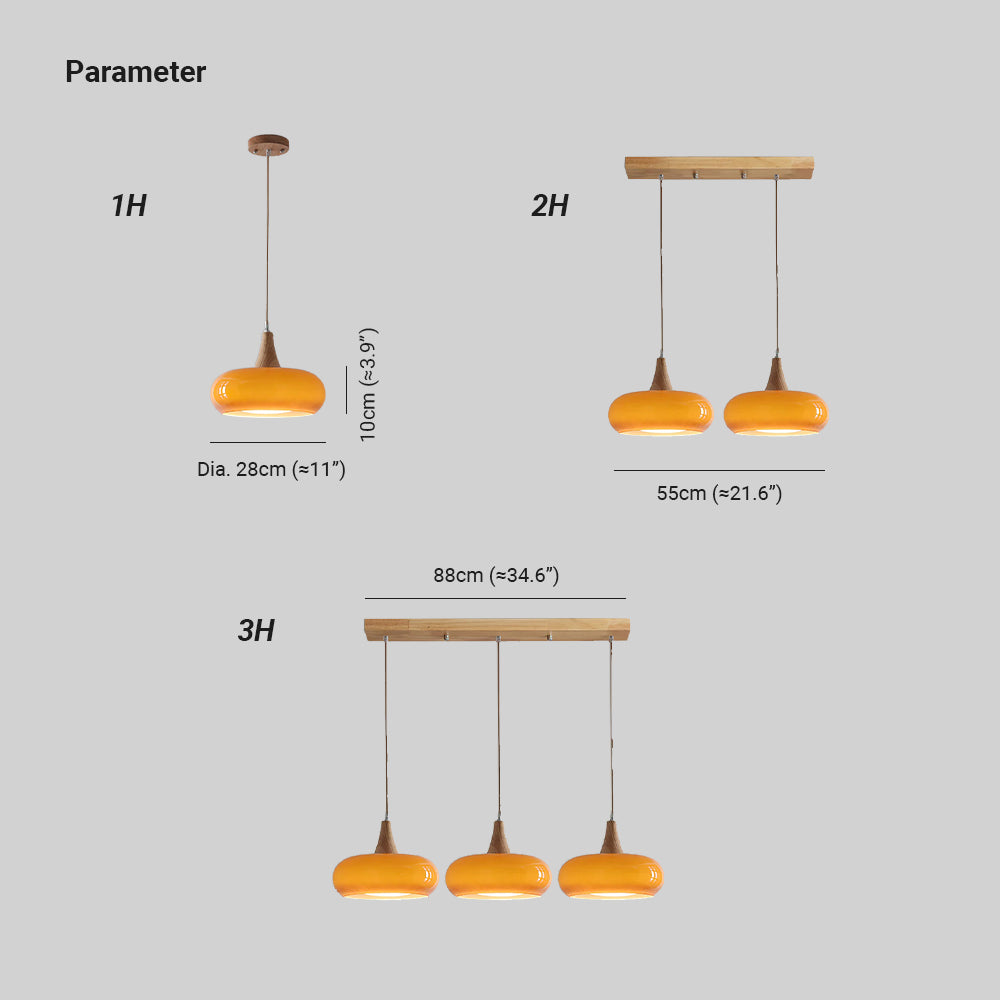 Suspension Lampe Bois | Abat-Jour Verre Ambre | LED Cable Réglable | Charlotte
