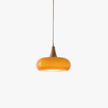 Suspension Lampe Bois | Abat-Jour Verre Ambre | LED Cable Réglable | Charlotte