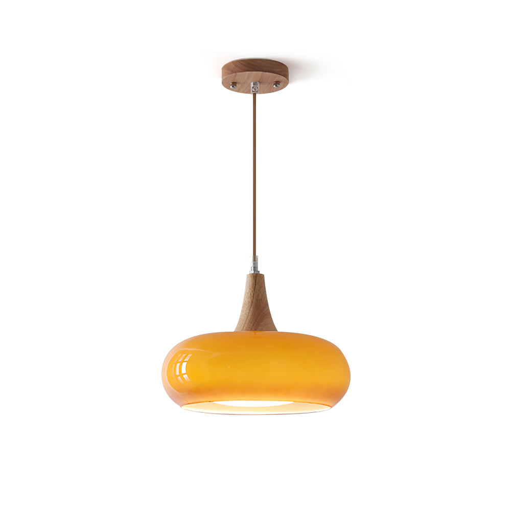 Suspension Lampe Bois | Abat-Jour Verre Ambre | LED Cable Réglable | Charlotte