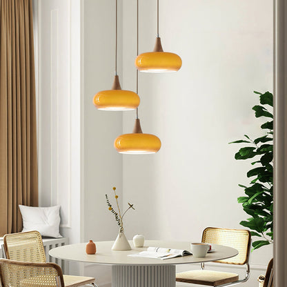 Suspension Lampe Bois | Abat-Jour Verre Ambre | LED Cable Réglable | Charlotte