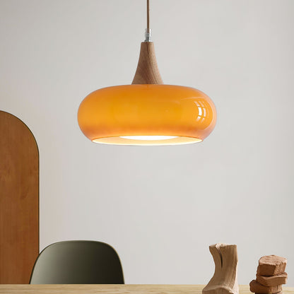 Suspension Lampe Bois | Abat-Jour Verre Ambre | LED Cable Réglable | Charlotte