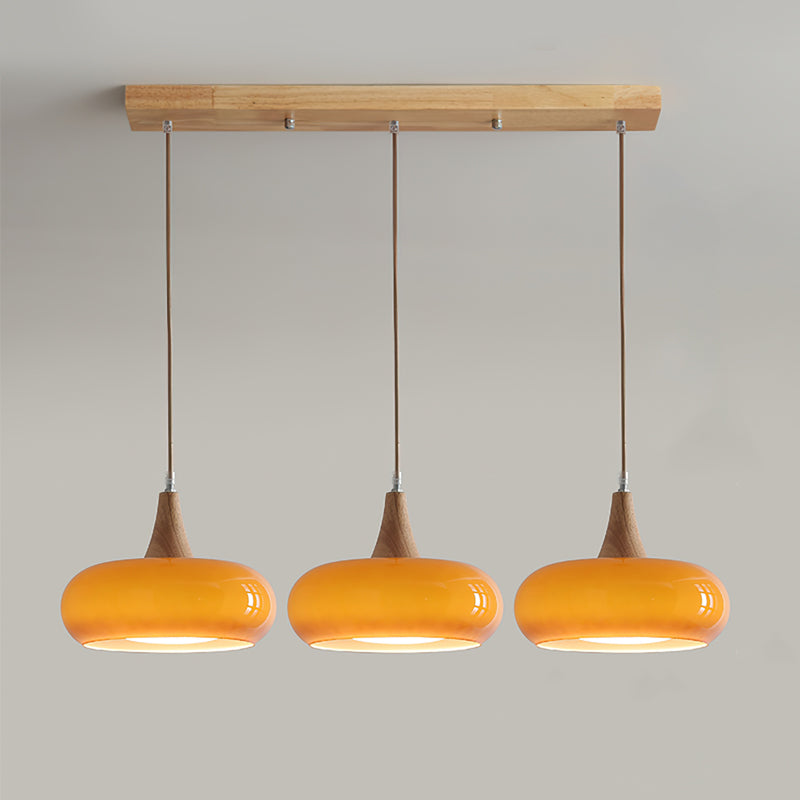 Suspension Lampe Bois | Abat-Jour Verre Ambre | LED Cable Réglable | Charlotte