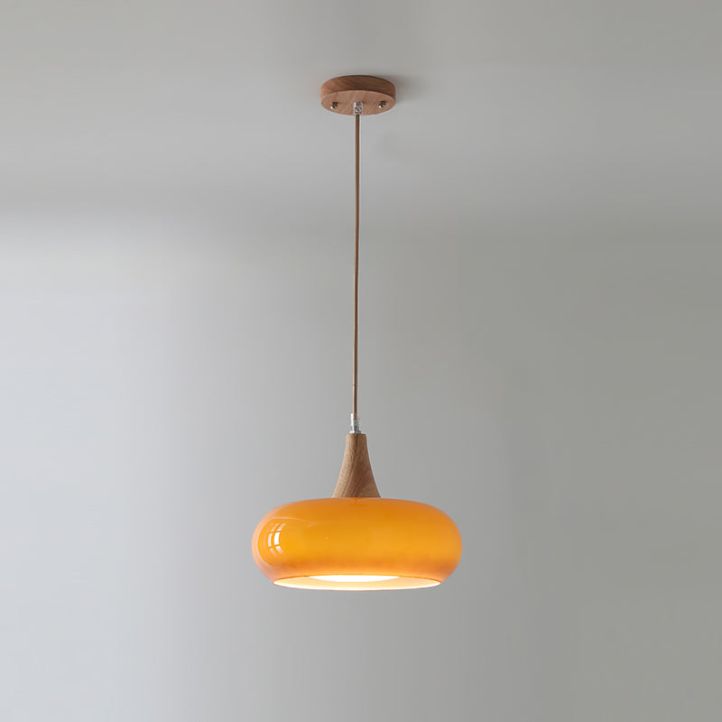 Suspension Lampe Bois | Abat-Jour Verre Ambre | LED Cable Réglable | Charlotte