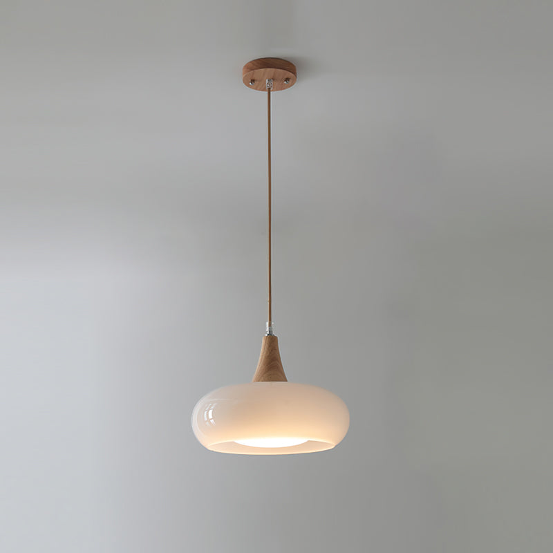 Suspension Lampe Bois | Abat-Jour Verre Ambre | LED Cable Réglable | Charlotte