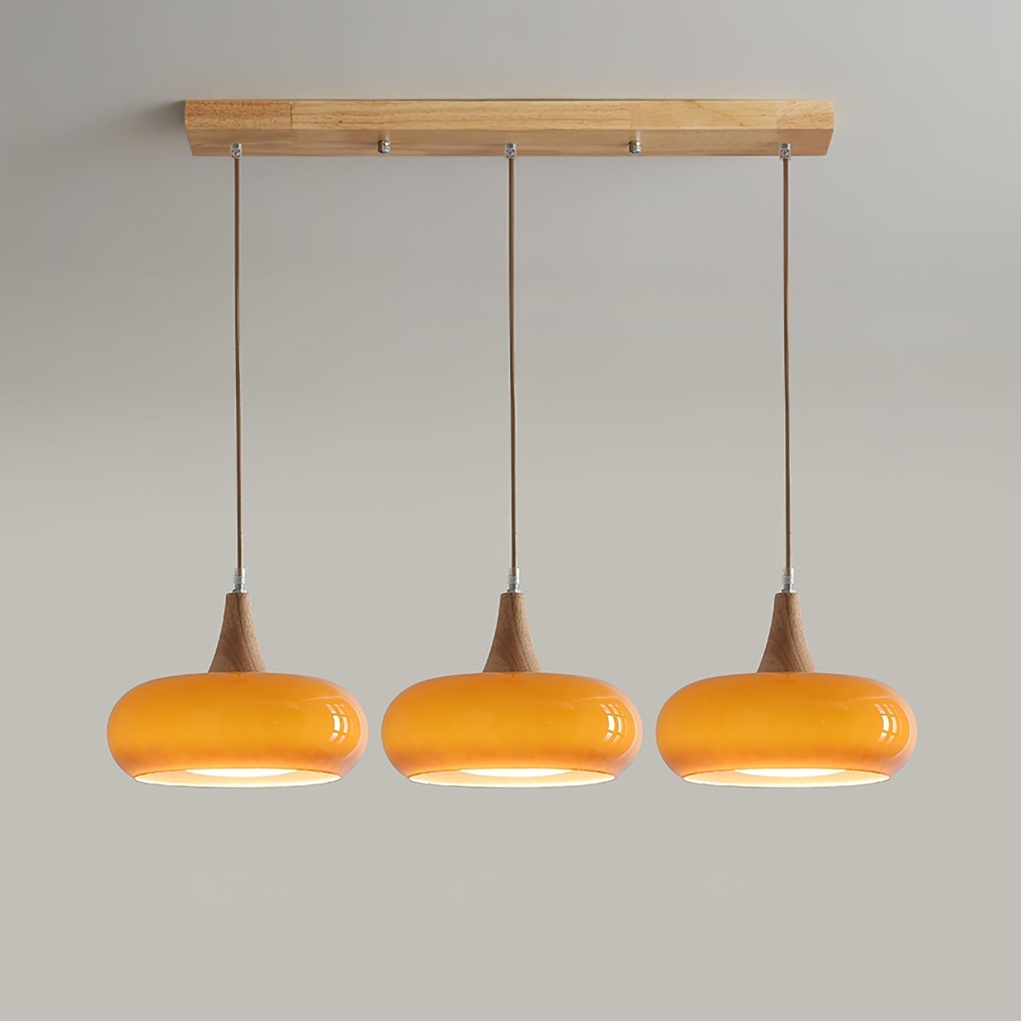 Suspension Lampe Bois | Abat-Jour Verre Ambre | LED Cable Réglable | Charlotte